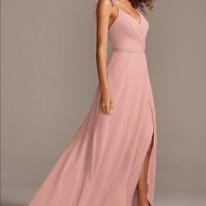 RUFFLE SPAGHETTI STRAP CHIFFON BRIDESMAID DRESS; Size 6; Ballet Pink